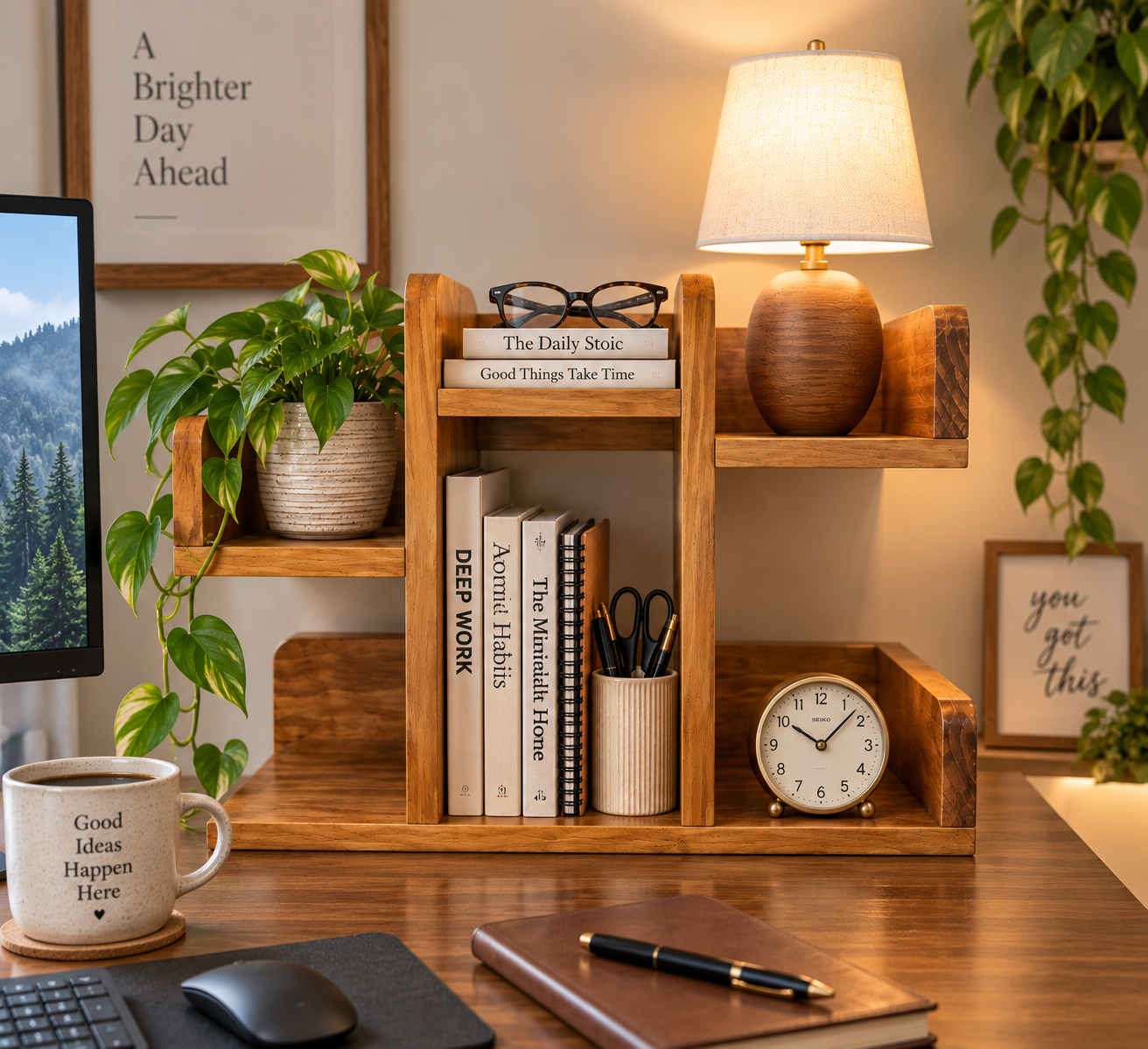 Handcrafted Wood Countertop Organizer Shelf, Multi-functional Wooden Desktop Shelf
